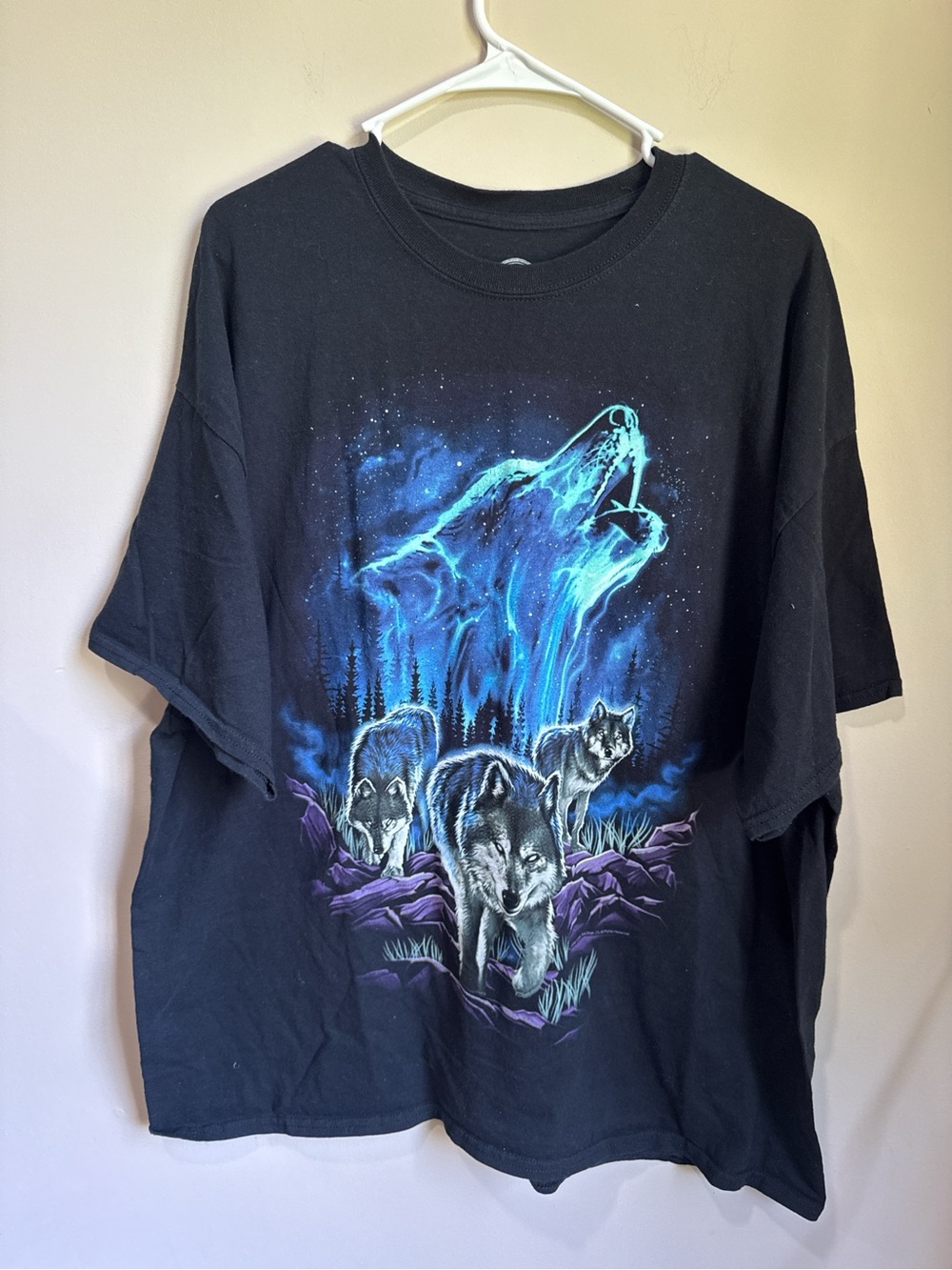 Black Short-Sleeve Wolf Graphic Tee with Blue Accents